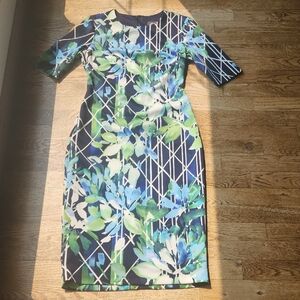 (4) Vince Camuto Blue & Green Floral Midi Tropical Vacation Luxury Fitted Silky